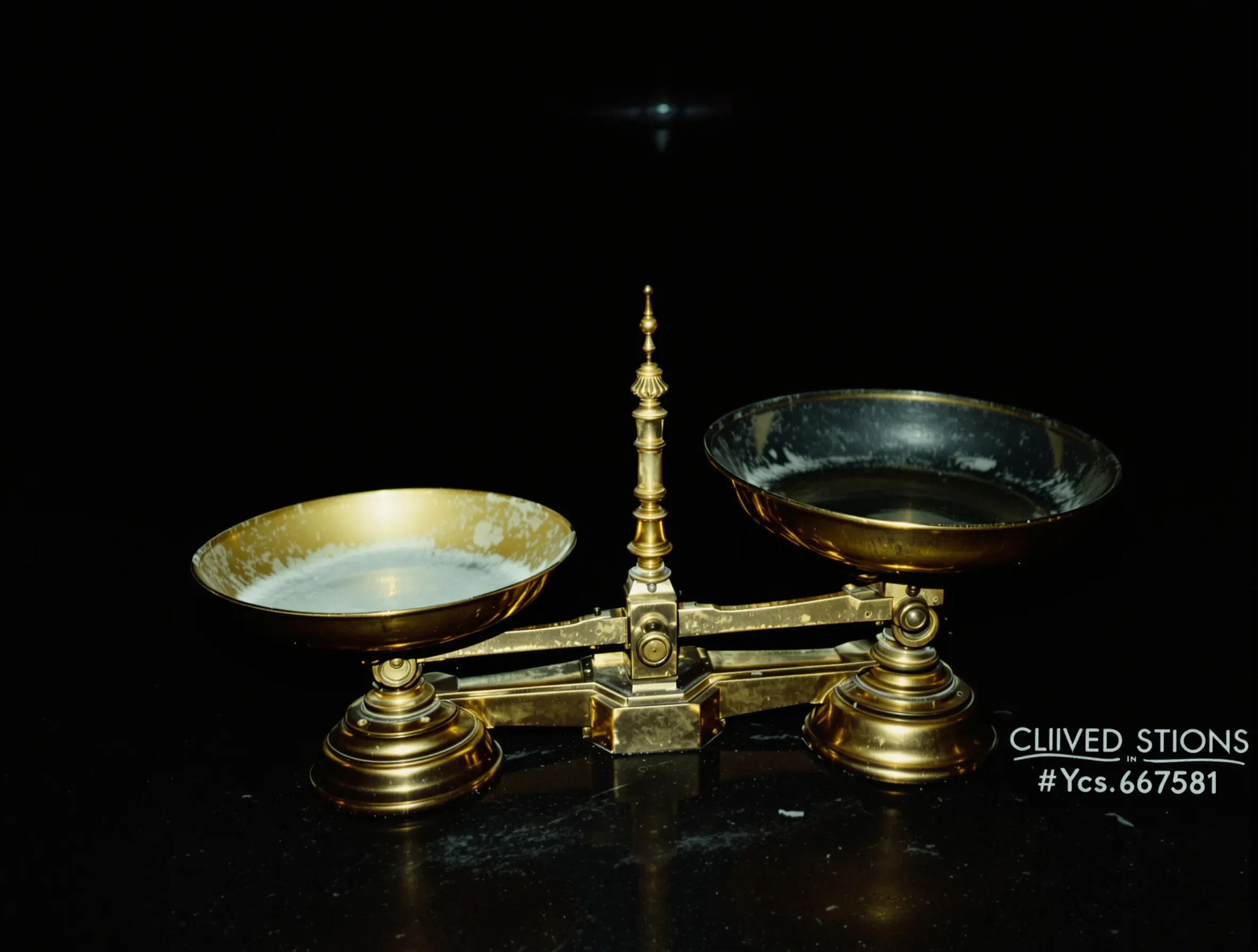 Antique brass balance scales on a dark surface, both pans empty