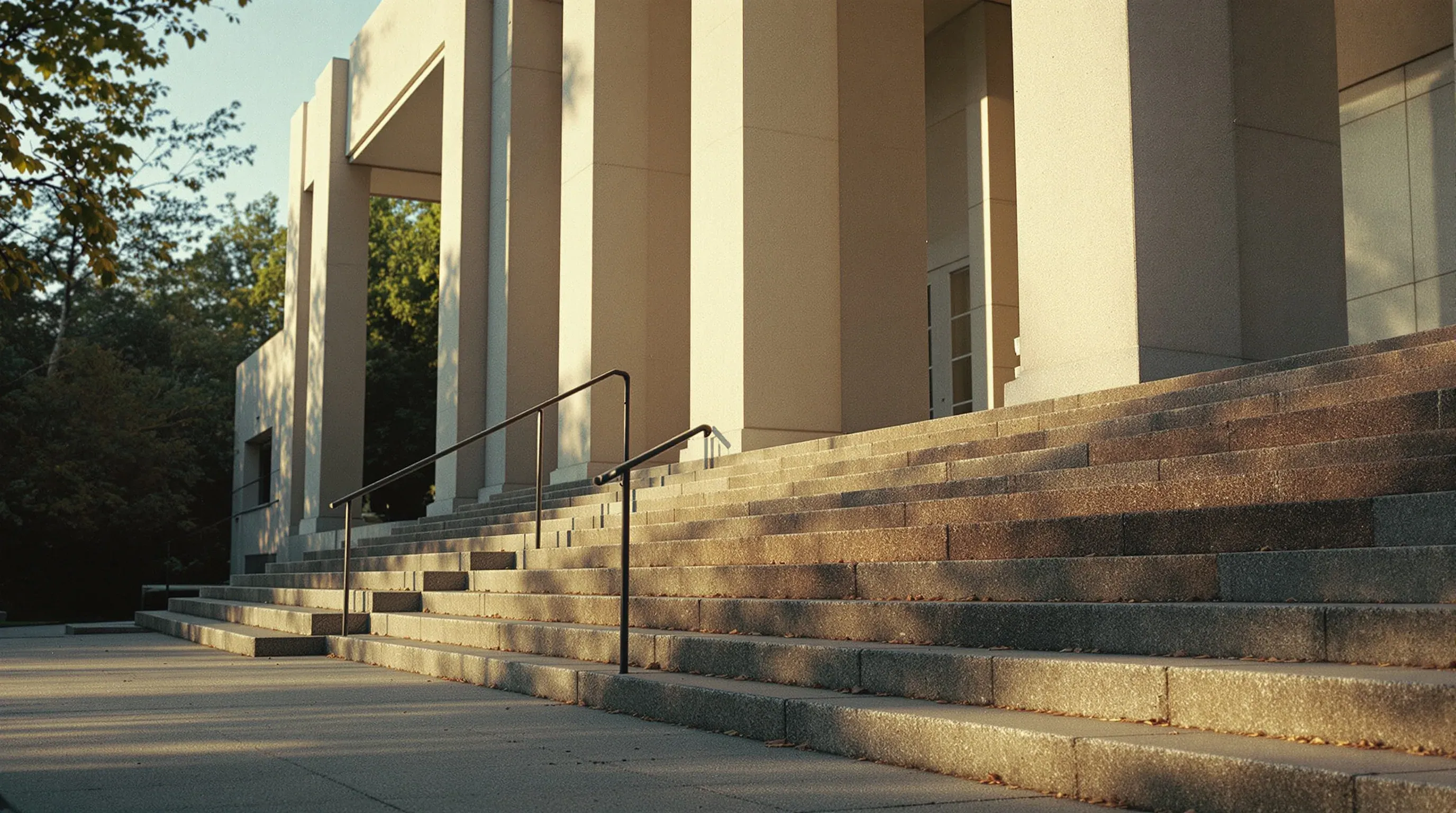 Morning light falling across the stone steps of a California courthouse