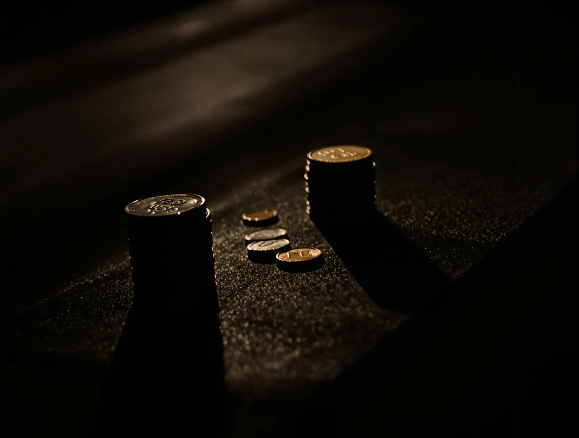 Three small stacks of coins on a dark table casting long shadows