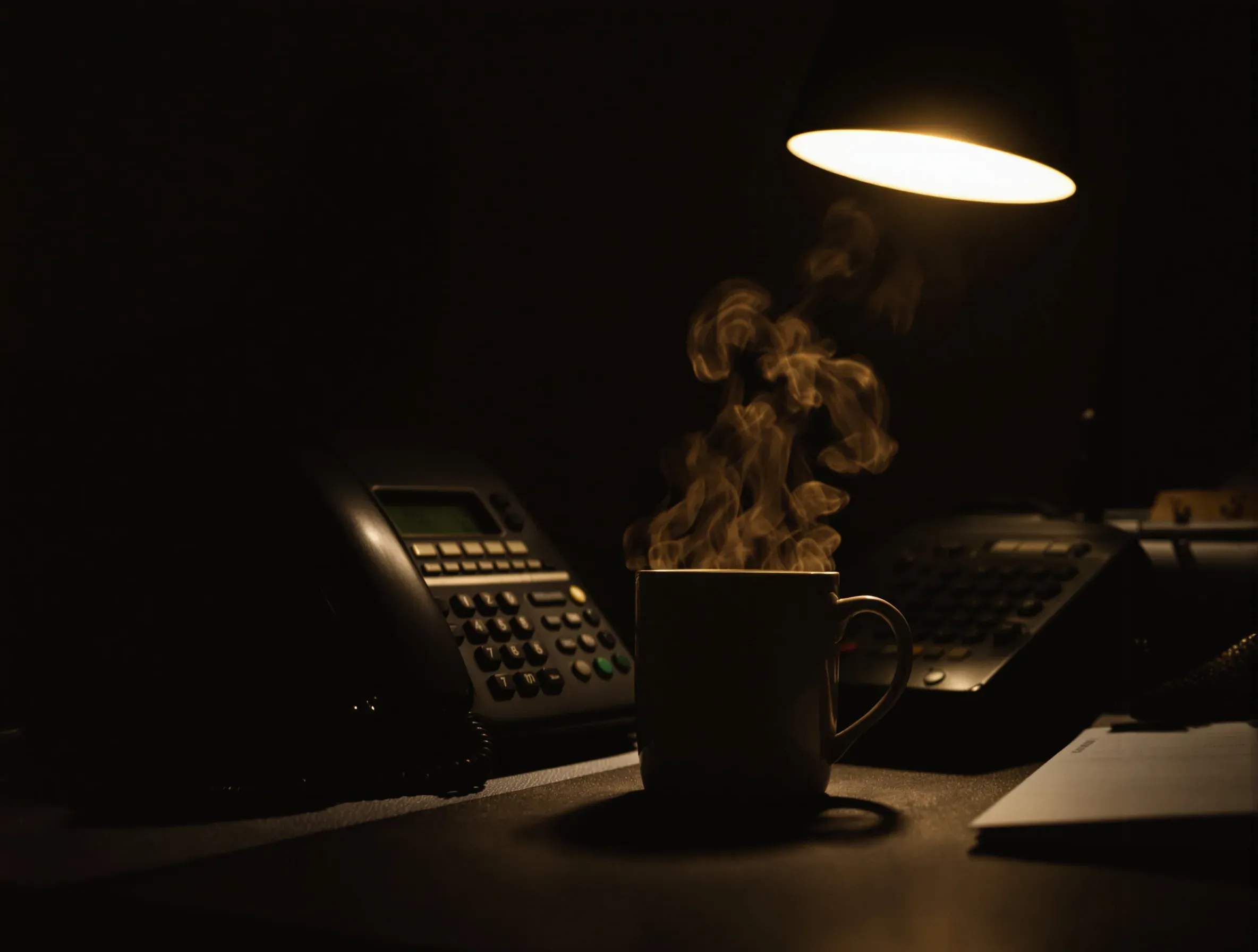 Steam rising from a plain mug beside a dark desk telephone at night